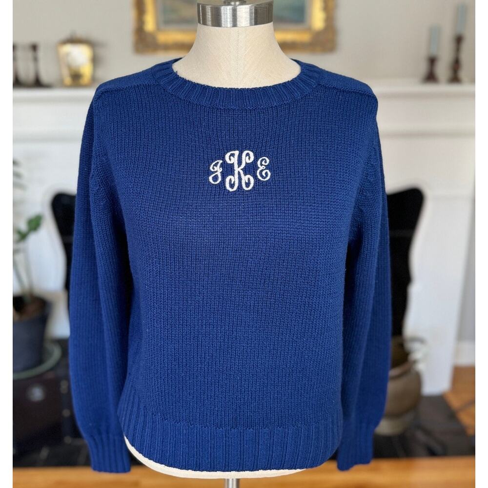 Vintage Sweater, Blue Crewneck with Monogram, 80s 90s Preppy, Women's XS